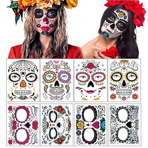 Dream Loom Temporary Face Tattoo, 8 Kits Tattoos Sugar Skull Stickers Day of The Dead Makeup, Face Tattoo Rose Design for Halloween, Masquerade and Parties - Image 2