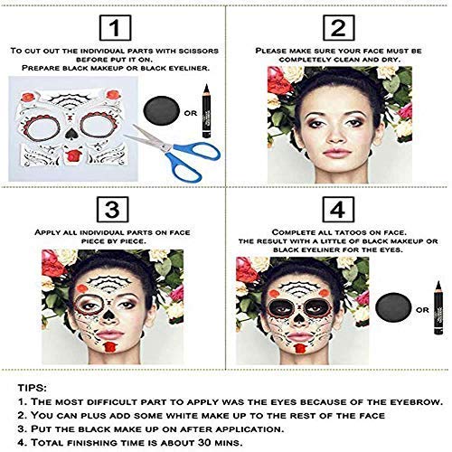 Dream Loom Temporary Face Tattoo, 8 Kits Tattoos Sugar Skull Stickers Day of The Dead Makeup, Face Tattoo Rose Design for Halloween, Masquerade and Parties - Image 3