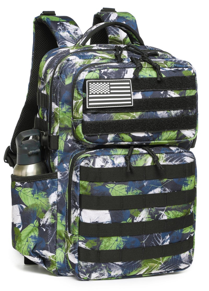 Wotony Military Tactical Backpack for Men Waterproof Daypack 3 Day Assault Pack Molle Bag with Water Bottle Holder (Green leaves, 25L) - Image 1