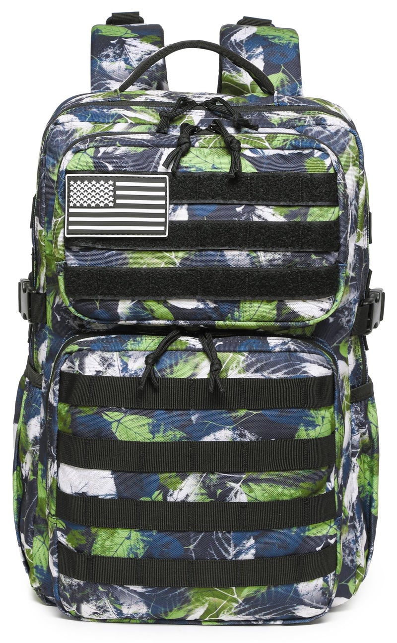 Wotony Military Tactical Backpack for Men Waterproof Daypack 3 Day Assault Pack Molle Bag with Water Bottle Holder (Green leaves, 25L) - Image 2