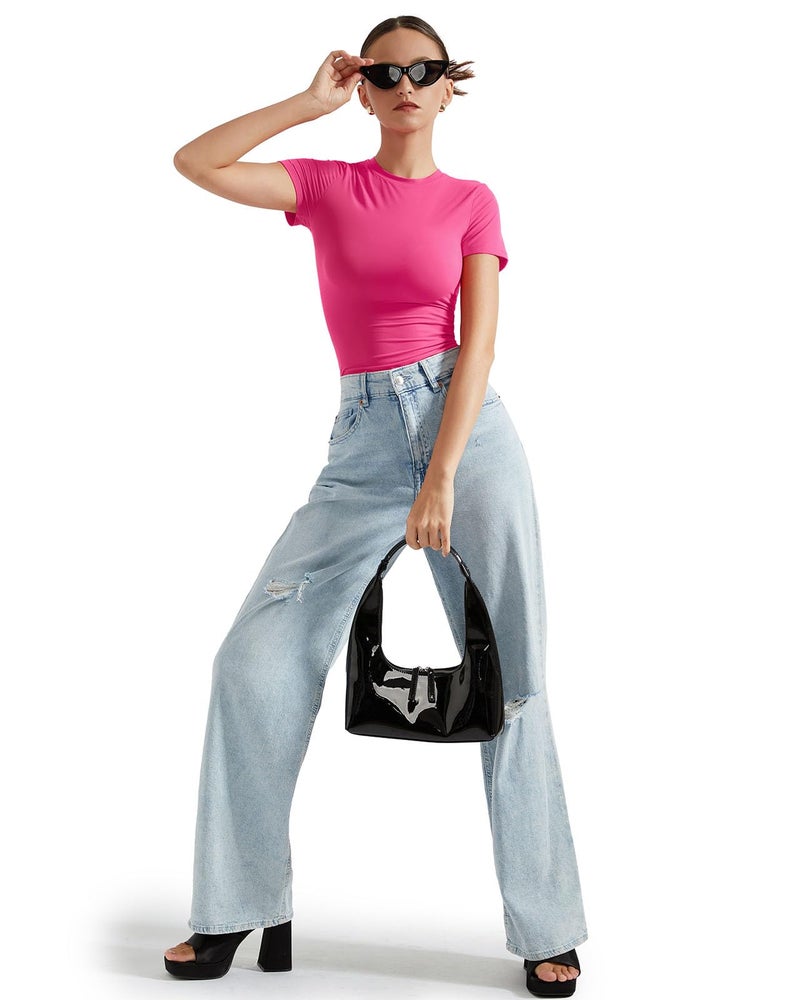 SUUKSESS Women Double Lined Fitted Basic Tee Shirts Crew Neck Short Sleeve Y2K Going Out Crop Tops (Hot Pink, S) - Image 4