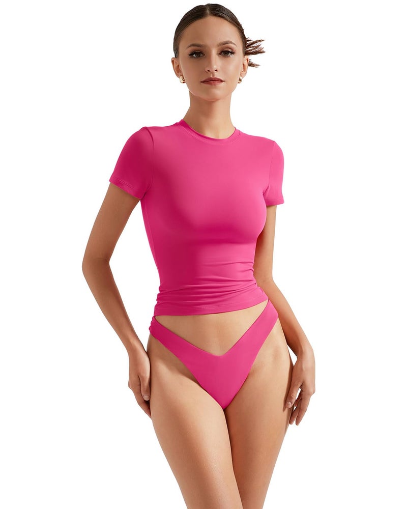 SUUKSESS Women Double Lined Fitted Basic Tee Shirts Crew Neck Short Sleeve Y2K Going Out Crop Tops (Hot Pink, S) - Image 2