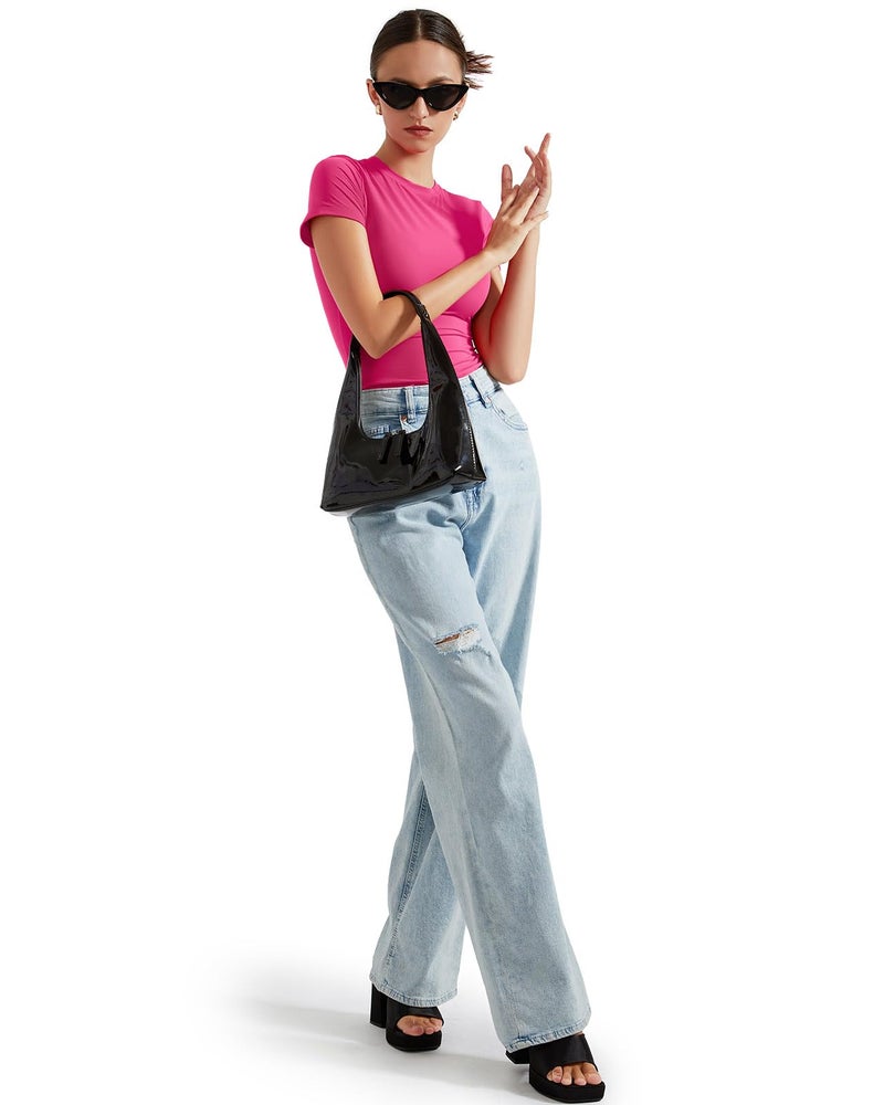 SUUKSESS Women Double Lined Fitted Basic Tee Shirts Crew Neck Short Sleeve Y2K Going Out Crop Tops (Hot Pink, S) - Image 5