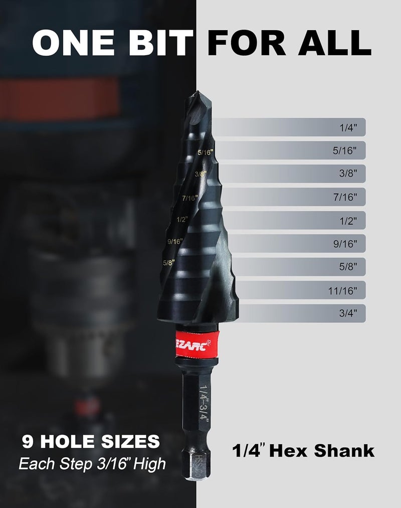 EZARC Step Drill Bit for Metal, M35 Cobalt Step Drill Spiral Flute Unibit Step Drill Bit (1/4''-3/4'') Wear-Resistant AlTiN Coated, 1/4" Hex Shank for Metal, Stainless Steel, Aluminum, Plastic - Image 5