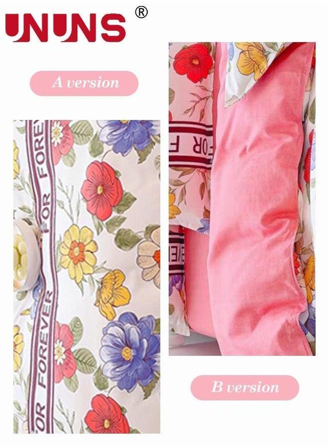UNUNS 4-Piece Floral Design Bedding Set,Washable Printed Duvet Set Includes 1xDuvet Cover 200X230cm,1xFitted Sheet 230x235cm,4xPillowcases 48x74cm Cotton Pink - Image 4