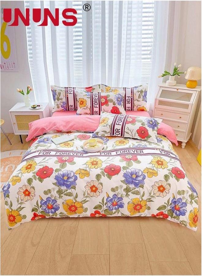 UNUNS 4-Piece Floral Design Bedding Set,Washable Printed Duvet Set Includes 1xDuvet Cover 200X230cm,1xFitted Sheet 230x235cm,4xPillowcases 48x74cm Cotton Pink - Image 1