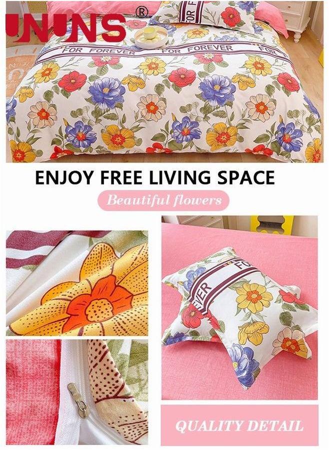 UNUNS 4-Piece Floral Design Bedding Set,Washable Printed Duvet Set Includes 1xDuvet Cover 200X230cm,1xFitted Sheet 230x235cm,4xPillowcases 48x74cm Cotton Pink - Image 2