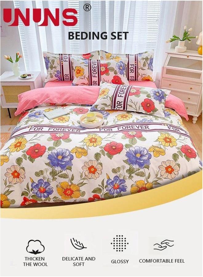 UNUNS 4-Piece Floral Design Bedding Set,Washable Printed Duvet Set Includes 1xDuvet Cover 200X230cm,1xFitted Sheet 230x235cm,4xPillowcases 48x74cm Cotton Pink - Image 3