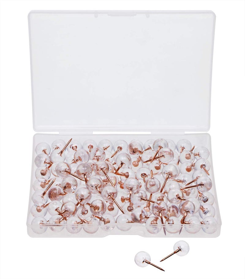 Tupalizy 100PCS 13 Inch Decorative Push Pins Transparent Plastic Head and Rose Gold Steel Point Thumb Tacks Flat Clear Map Marking Pins for Bulletin Cork BoardDIY Craft Home Office Use Rose Gold