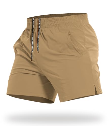 CANGHPGIN Mens Workout Shorts 5 inch Inseam Gym Shorts Men Quick Dry Running Shorts Athletic Khaki - Image 1