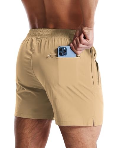 CANGHPGIN Mens Workout Shorts 5 inch Inseam Gym Shorts Men Quick Dry Running Shorts Athletic Khaki - Image 2