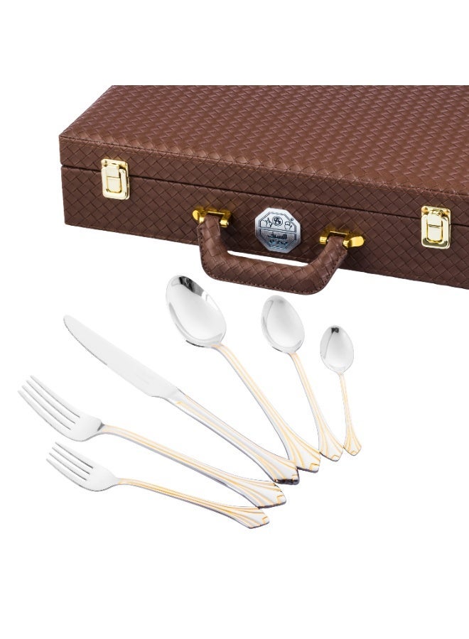 السيف  ✨ شنطة ملاعق خدمة استيل فاخر 76 قطعة – فضي وذهبي تصميم الجوهرة - Image 1