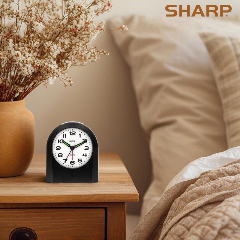 Sharp Small Battery Operated Analog Alarm Clock Silent No Ticking, Lighted on Demand and Snooze, Beep Sounds, Gentle Wake, Ascending Alarm, Black - Image 5