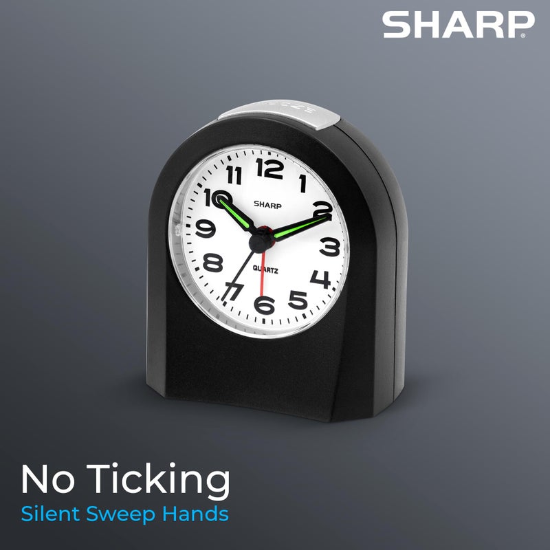 Sharp Small Battery Operated Analog Alarm Clock Silent No Ticking, Lighted on Demand and Snooze, Beep Sounds, Gentle Wake, Ascending Alarm, Black - Image 2