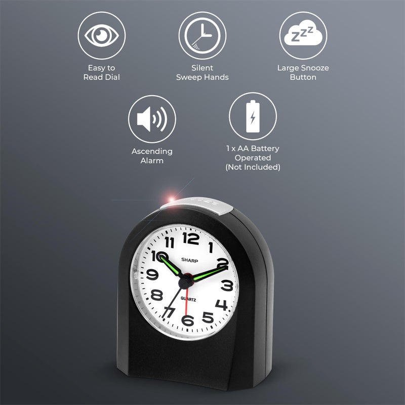 Sharp Small Battery Operated Analog Alarm Clock Silent No Ticking, Lighted on Demand and Snooze, Beep Sounds, Gentle Wake, Ascending Alarm, Black - Image 3