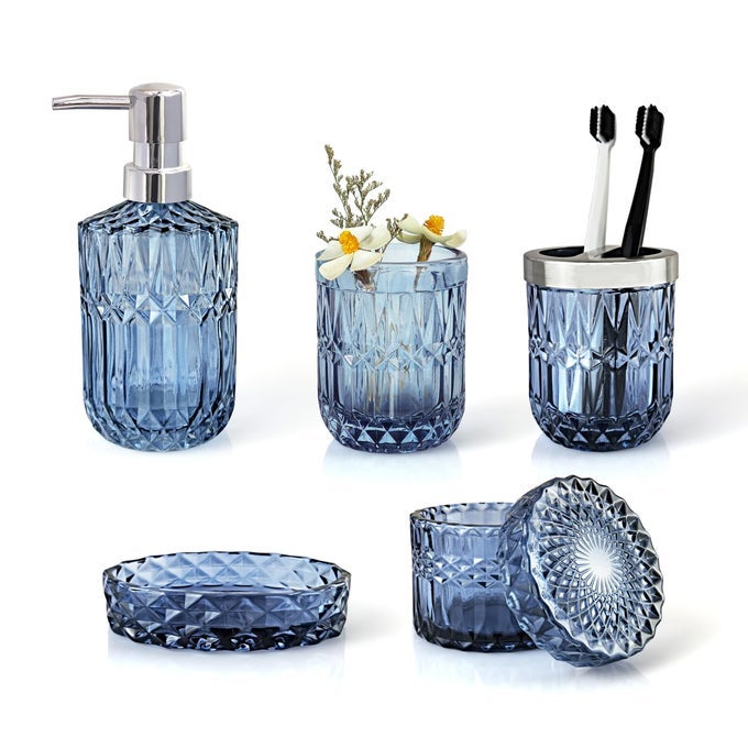 BLUE BATHROOM ACCESSORIES SET 5PCS CLEAR GLASS BATHROOM ACCESSORIES BATHROOM HAND SOAP DISPENSER SET SOAP DISH TOOTHBRUSH HOLDER SET VANITY BATHROOM DECOR GIFT SET