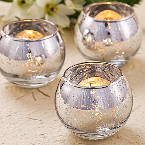 Volens 24PCS Silver Votive Candle Holders for Table Centerpieces Round Mercury Glass Candle Holders Bulk for Wedding Reception Birthday Parties and Home Decorations