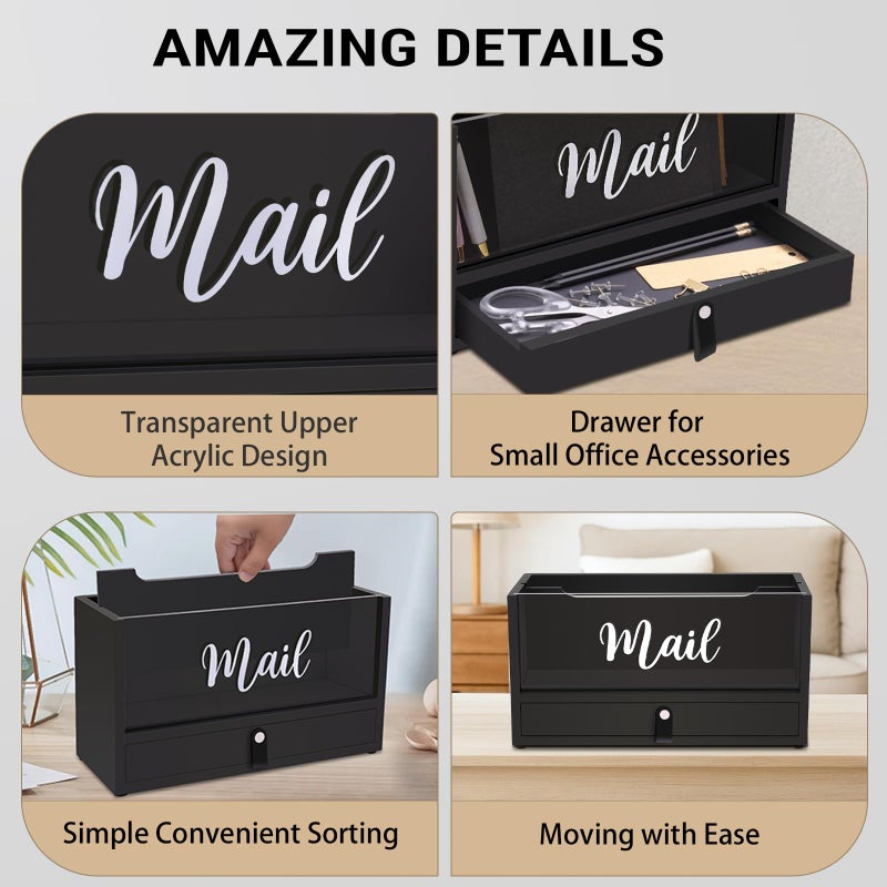Intarsio Two-Layer Solid Wooden Mail Storage Organizer Holder with Clear Acrylic Top and Bottom Drawer, Leather Handle, Keeping Mail, Bills, Letters, Cards and Office Supplies in One Place, Home Decor Gifts - Image 3