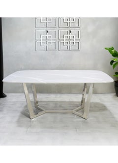 VANITY LIVING Large Dining Table with White Marble Stone Top, Modern Chrome Stainless-Steel Legs Breakfast Dinner Table for Kitchen and Dining Room