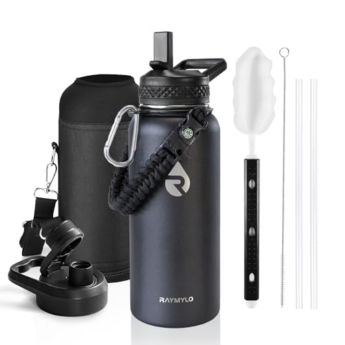 RAYMYLO Insulated Water Bottle 32 oz, Triple Wall Vacuum Stainless Steel (Cold for 48 Hrs), Leak Proof & Non-BPA, Modern Water Flask Jug with Paracord Handle & Straw Spout Lids, Magic Black - Image 1