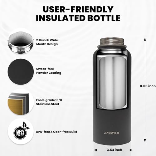 RAYMYLO Insulated Water Bottle 32 oz, Triple Wall Vacuum Stainless Steel (Cold for 48 Hrs), Leak Proof & Non-BPA, Modern Water Flask Jug with Paracord Handle & Straw Spout Lids, Magic Black - Image 5