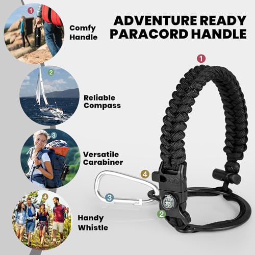 RAYMYLO Insulated Water Bottle 32 oz, Triple Wall Vacuum Stainless Steel (Cold for 48 Hrs), Leak Proof & Non-BPA, Modern Water Flask Jug with Paracord Handle & Straw Spout Lids, Magic Black - Image 4