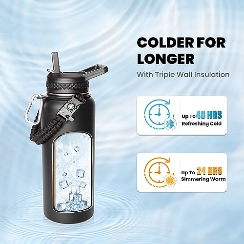 RAYMYLO Insulated Water Bottle 32 oz, Triple Wall Vacuum Stainless Steel (Cold for 48 Hrs), Leak Proof & Non-BPA, Modern Water Flask Jug with Paracord Handle & Straw Spout Lids, Magic Black - Image 2