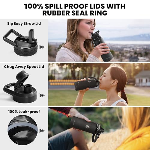 RAYMYLO Insulated Water Bottle 32 oz, Triple Wall Vacuum Stainless Steel (Cold for 48 Hrs), Leak Proof & Non-BPA, Modern Water Flask Jug with Paracord Handle & Straw Spout Lids, Magic Black - Image 3