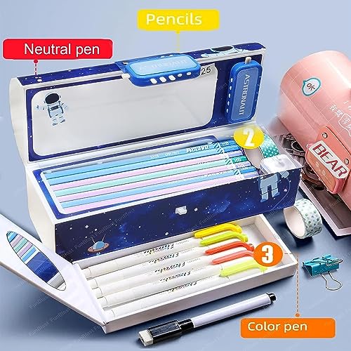LONGMIRE Plastic Pencil Box with Code Lock Pen Case Large Capacity Multi-Layer Multi-Function Storage Bag Secret Compartment Pencil Box for Kids- Multi-Color (Astronaut Password Lock) - Image 3