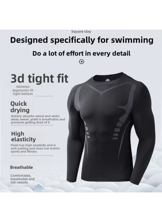Generic Swimming Trunks Men's Adult Swimsuit Men's Summer Quick-drying Sunscreen Long-sleeved Split Beach Surfing Floating Diving Suit-Color:All Black Short Sleeves + Black Tight Shorts-Size:S 【 40-50kg 】  - Image 4