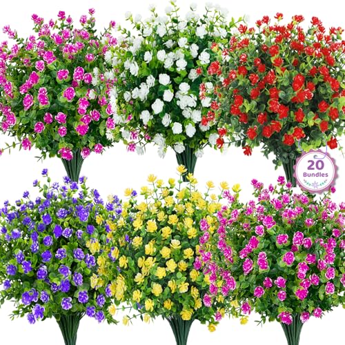 Bassion 20 Bundles Artificial Flowers for Outdoors Decoration UV Resistant Faux Flowers Fake Plastic Plants Shrubs for Indoor Outside Garden Porch Hanging Planter Window Box Home Decor - Image 1
