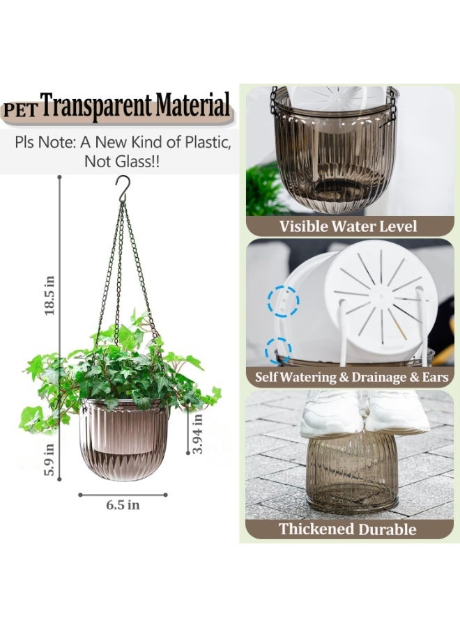 2 Pack Self Watering Hanging Planters, 16.5cm Transparent Plastic Hanging Pots with Drainage Holes and Hooks, Indoor Outdoor Plant Hanger for Flowers Herbs Balcony Garden Home Use, Grey - Image 2