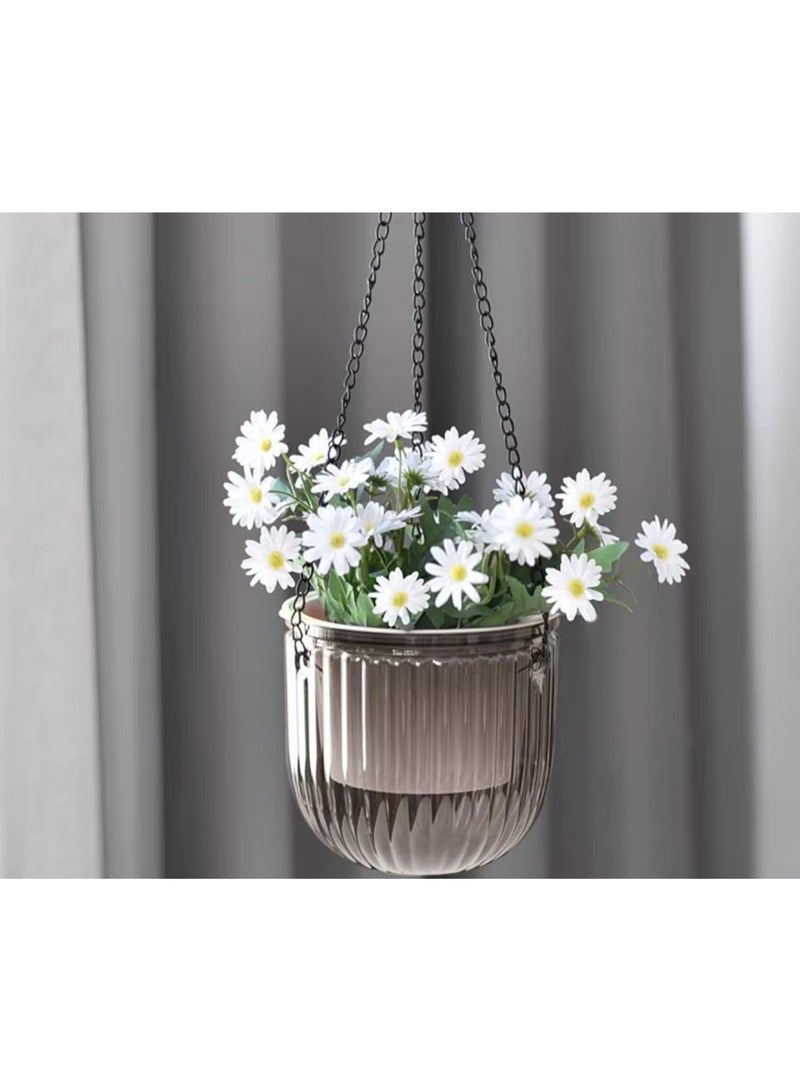 2 Pack Self Watering Hanging Planters, 16.5cm Transparent Plastic Hanging Pots with Drainage Holes and Hooks, Indoor Outdoor Plant Hanger for Flowers Herbs Balcony Garden Home Use, Grey - Image 4