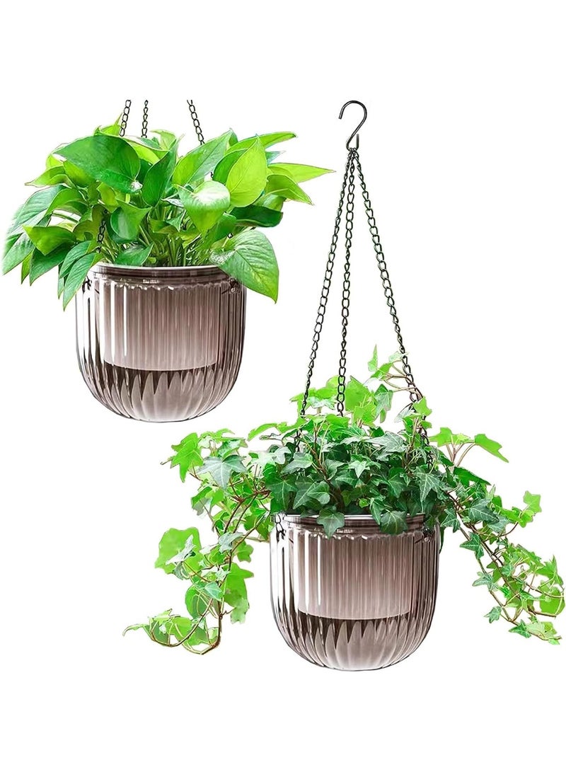 2 Pack Self Watering Hanging Planters, 16.5cm Transparent Plastic Hanging Pots with Drainage Holes and Hooks, Indoor Outdoor Plant Hanger for Flowers Herbs Balcony Garden Home Use, Grey - Image 1