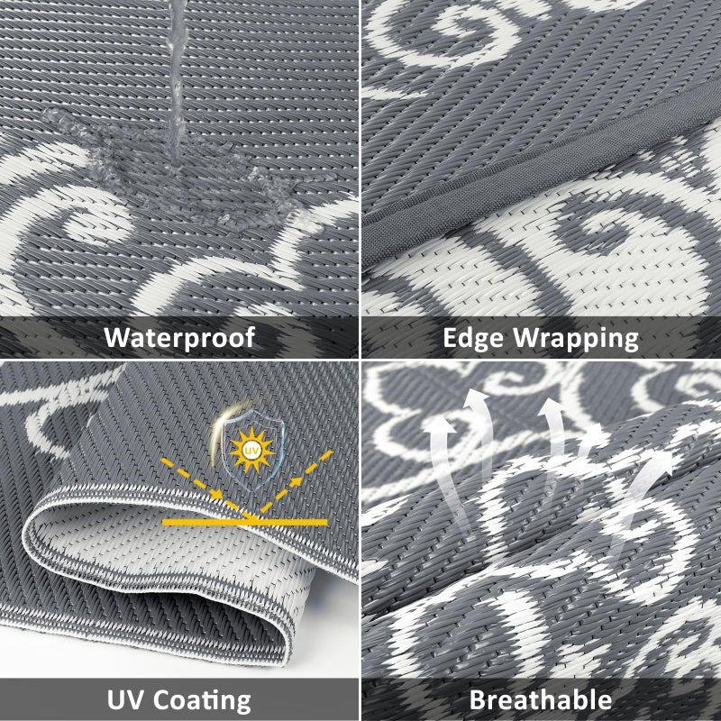 Pauwer Waterproof Outdoor Rug 6x9, Reversible Plastic Straw Patio Camping Rug, Indoor Outdoor RV Mat Carpet for Deck, Camper, Porch, Balcony, Backyard, Picnic, Floral Grey - Image 3