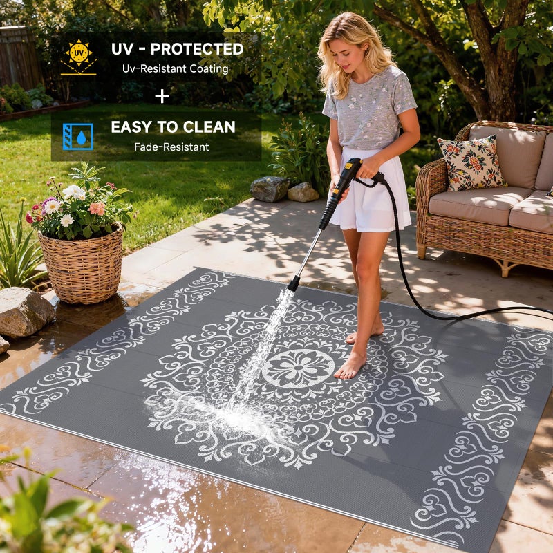 Pauwer Waterproof Outdoor Rug 6x9, Reversible Plastic Straw Patio Camping Rug, Indoor Outdoor RV Mat Carpet for Deck, Camper, Porch, Balcony, Backyard, Picnic, Floral Grey - Image 4