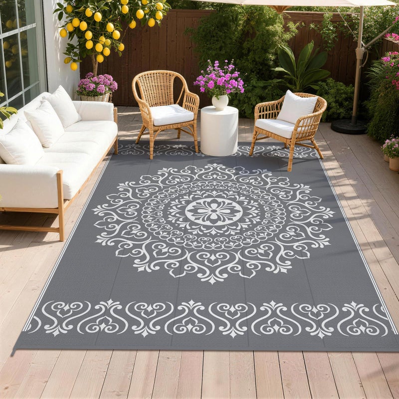 Pauwer Waterproof Outdoor Rug 6x9, Reversible Plastic Straw Patio Camping Rug, Indoor Outdoor RV Mat Carpet for Deck, Camper, Porch, Balcony, Backyard, Picnic, Floral Grey - Image 1