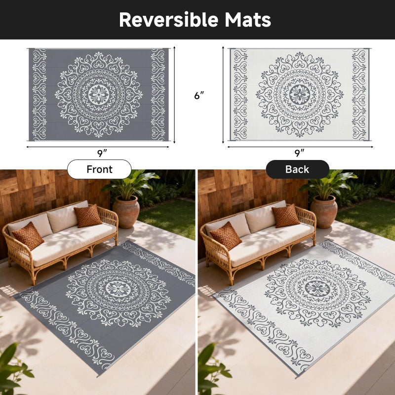 Pauwer Waterproof Outdoor Rug 6x9, Reversible Plastic Straw Patio Camping Rug, Indoor Outdoor RV Mat Carpet for Deck, Camper, Porch, Balcony, Backyard, Picnic, Floral Grey - Image 2