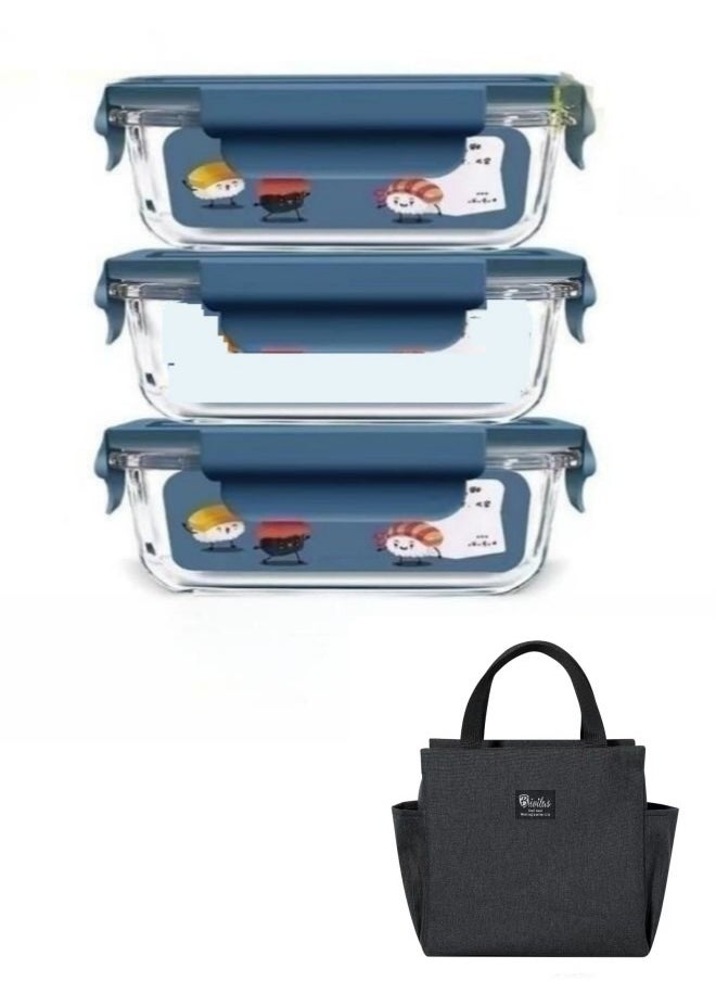 XiuWoo 3 Piece Microwave Heating High Borosilicate Glass Lunch Boxes Glass Bowls 1000ml, 960ml, 700ml with Insulation Bag  - Image 1