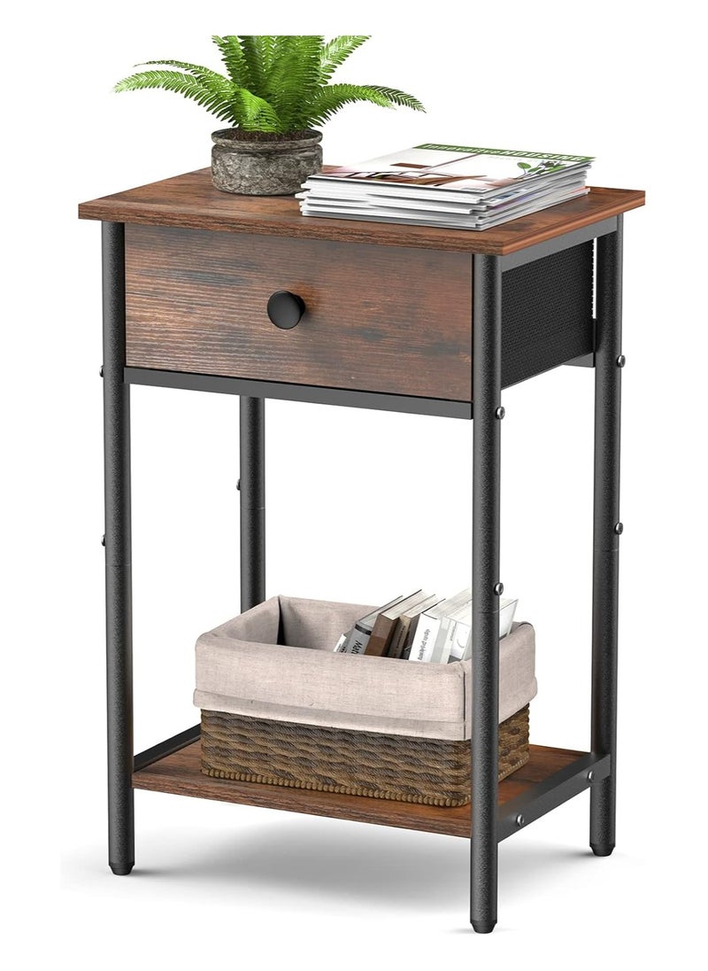 Gogoya - Nightstand,End Table with Fabric Storage Drawer and Open Wood Shelf,Bedside Furniture with Steel Frame,Side Table for Bedroom, Dorm,Easy Assembly,Black and Rustic Brown - Image 1