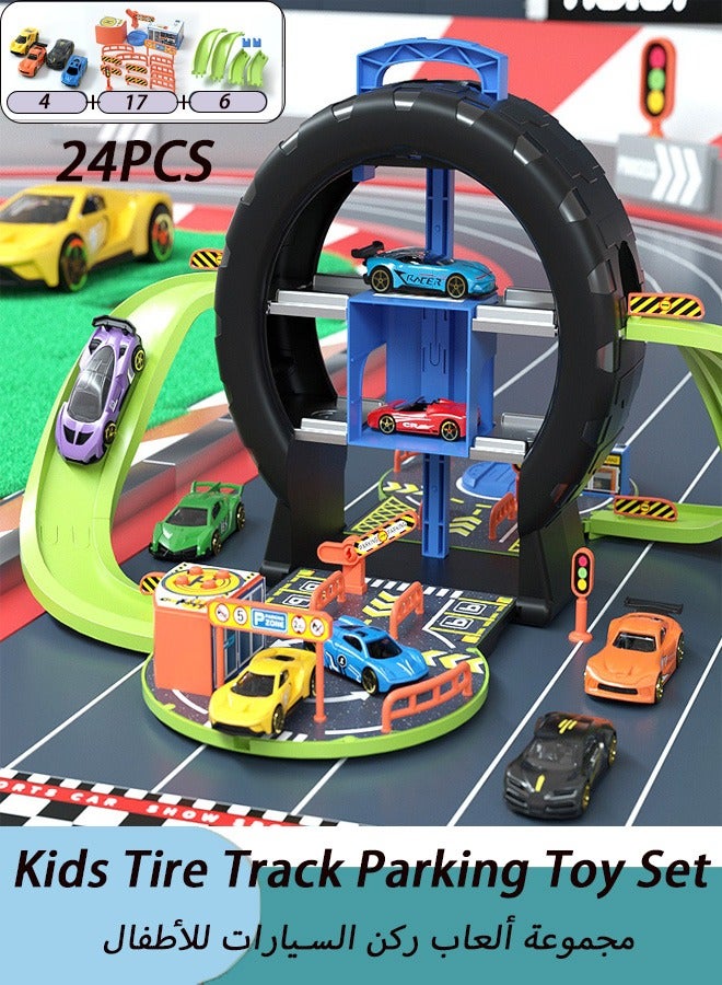 Kids Tire Track Parking Toy Set,24 PCS Auto Parts , educational baby alloy car toy, holiday birthday gift, track parking lot toy, including 4 vehicles + 17 road sign accessories, suitable for toddler boys and girls.  - Image 1