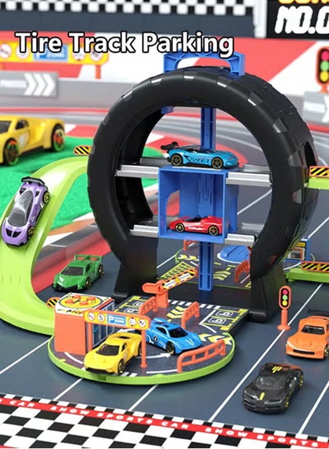 Kids Tire Track Parking Toy Set,24 PCS Auto Parts , educational baby alloy car toy, holiday birthday gift, track parking lot toy, including 4 vehicles + 17 road sign accessories, suitable for toddler boys and girls.  - Image 4