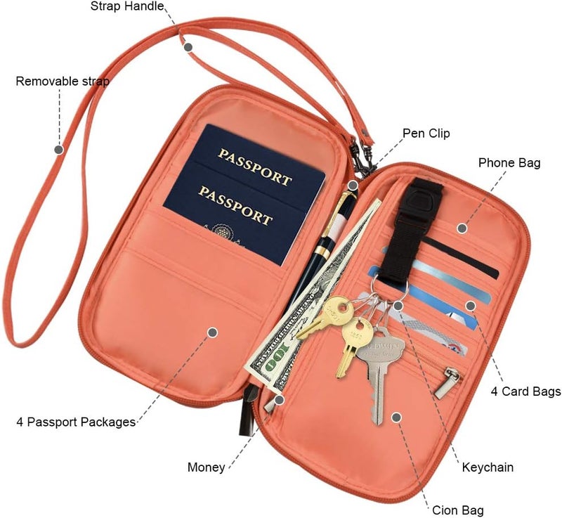 homchen RFID Passport Wallet with Vaccine Card Slot, Family Travel Passport Holder Document Organizer Bag with Wrist & Neck Double Strap - Image 3