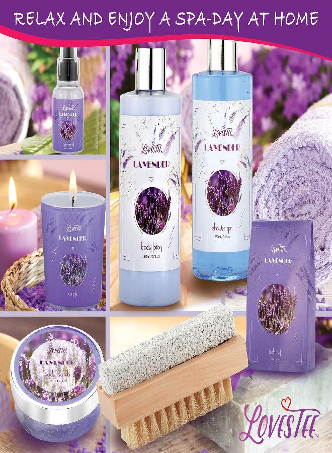 Lovestee Relaxing Lavender Spa Bath Gift Baskets for Women-Girls, Christmas, Birthday, Bath and Body Set-Kit Includes Candle, Essential Oil, Body Scrub, Bath Salt, Body Lotion, Shower Gel and Body Scrub Brush - Image 1