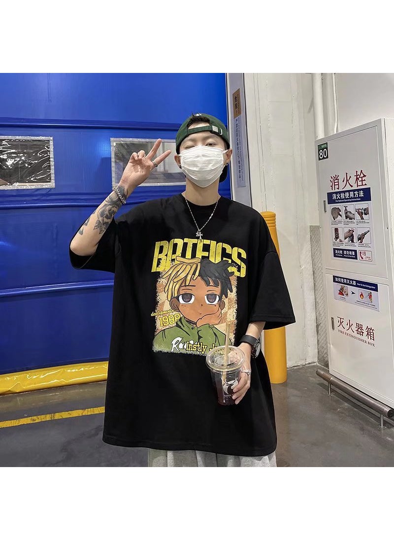 Generic - Hong Kong Style Mens Short Sleeve T-shirt American Vintage Trendy Brand Loose Fit Hip Hop Male Body T-shirt Summer Black - Image 1
