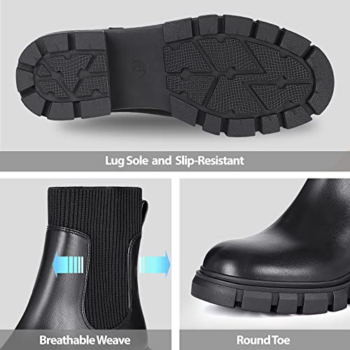 Athlefit Women's Black Chelsea Boots Fall Platform Ankle Boots Slip on Chunky Lug Sole Boots - Image 3