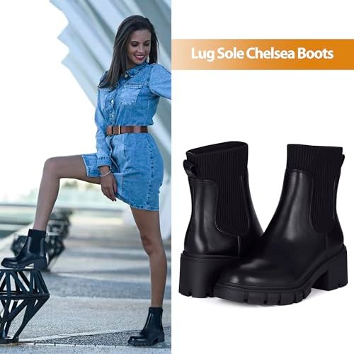 Athlefit Women's Black Chelsea Boots Fall Platform Ankle Boots Slip on Chunky Lug Sole Boots - Image 2