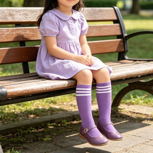 Benefeet Sox Toddler Soccer Socks Three Striped Kids Soccer Socks Girls Boys Long Tube Knee High Sock Youth Neon Solid Cotton Sport Softball Baseball Sock, Purple - Image 3