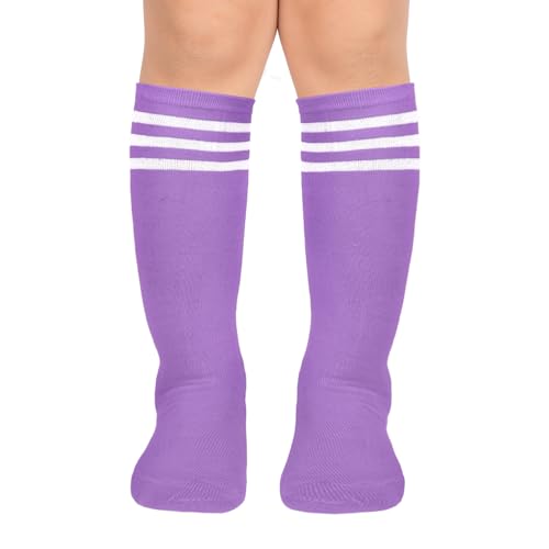 Benefeet Sox Toddler Soccer Socks Three Striped Kids Soccer Socks Girls Boys Long Tube Knee High Sock Youth Neon Solid Cotton Sport Softball Baseball Sock, Purple - Image 1