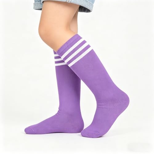 Benefeet Sox Toddler Soccer Socks Three Striped Kids Soccer Socks Girls Boys Long Tube Knee High Sock Youth Neon Solid Cotton Sport Softball Baseball Sock, Purple - Image 2